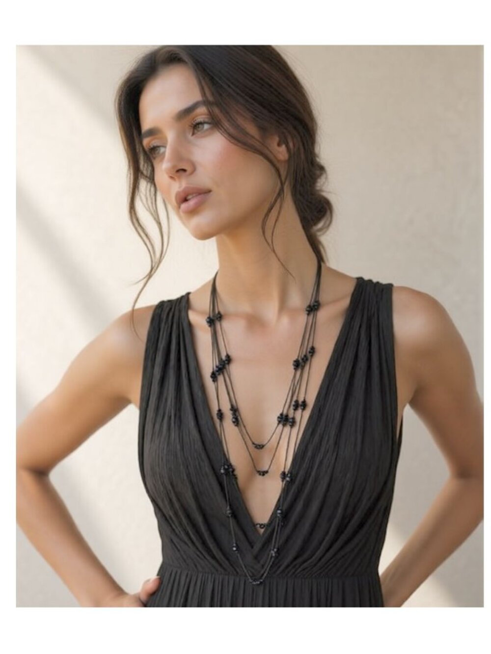 Black Multi-Strand Beaded Layered Statement Necklace – Boho Style